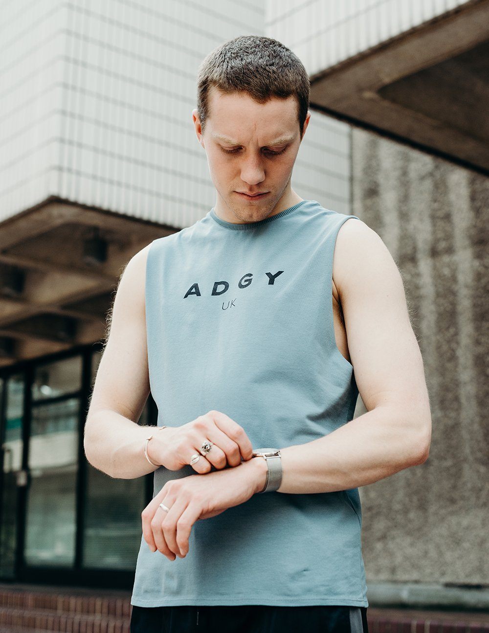 blue printed vest handmade using organic cotton by ethical gender neutral streetwear brand Androgyny UK