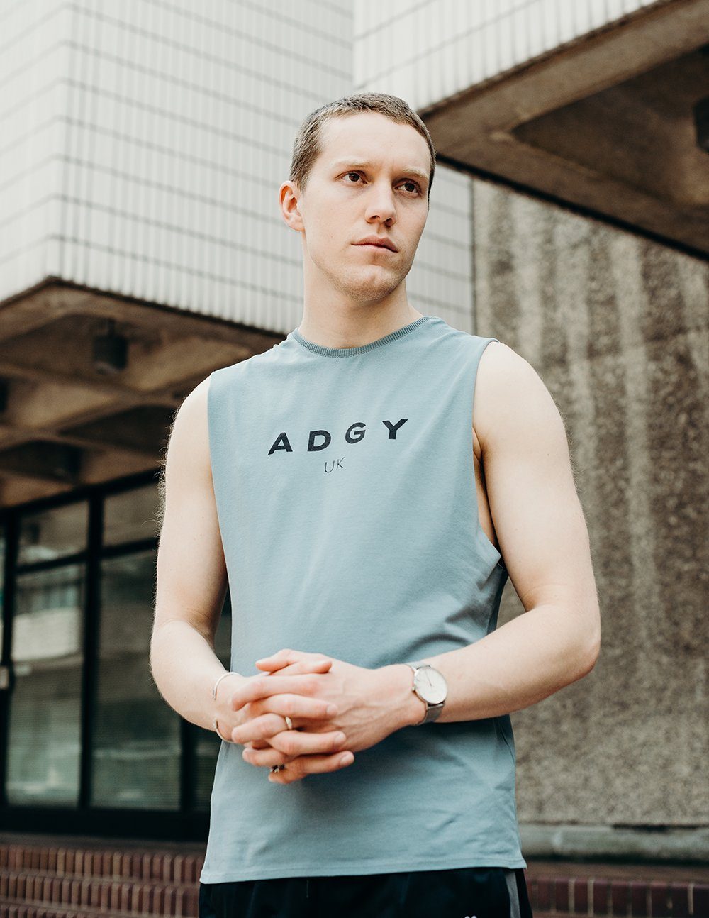 blue printed vest handmade using organic cotton by ethical gender neutral streetwear brand Androgyny UK