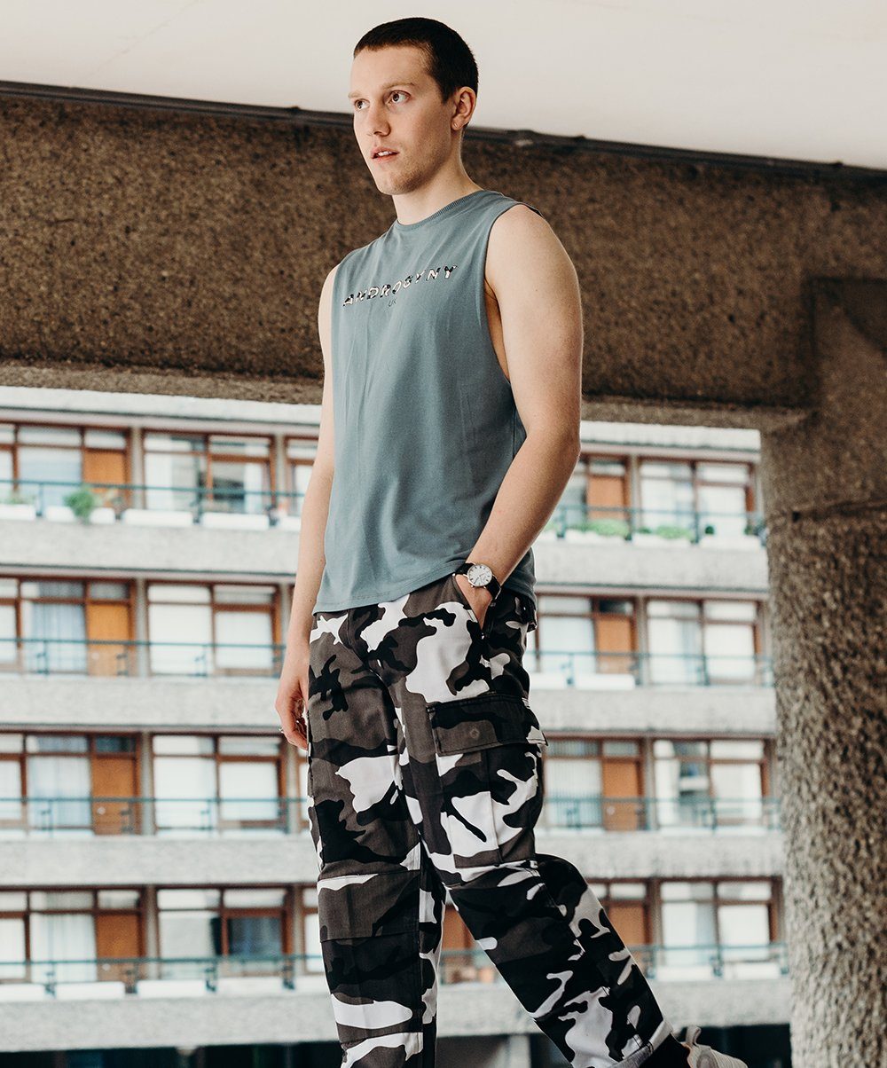 blue printed vest handmade using organic cotton by ethical gender neutral streetwear fashion brand Androgyny UK