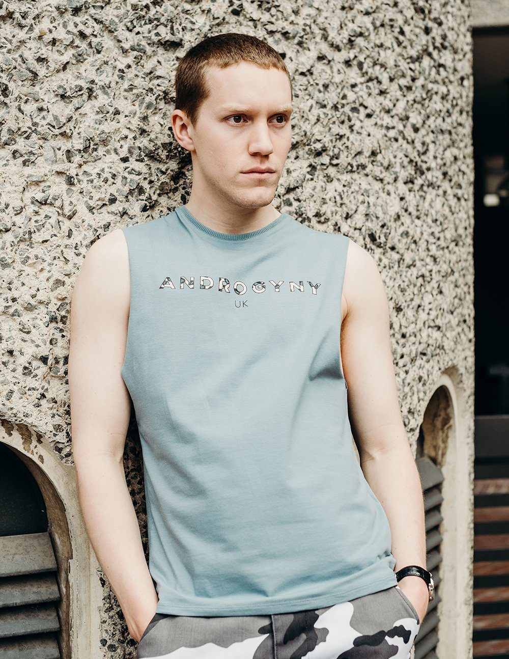 blue printed vest handmade using organic cotton by ethical gender neutral streetwear fashion brand Androgyny UK