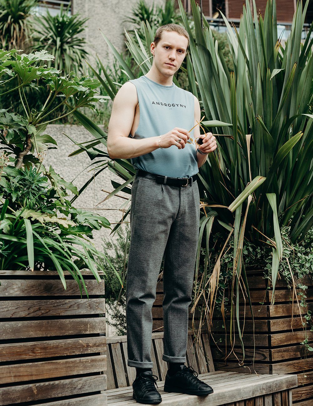 blue printed vest handmade using organic cotton by ethical gender neutral streetwear fashion brand Androgyny UK