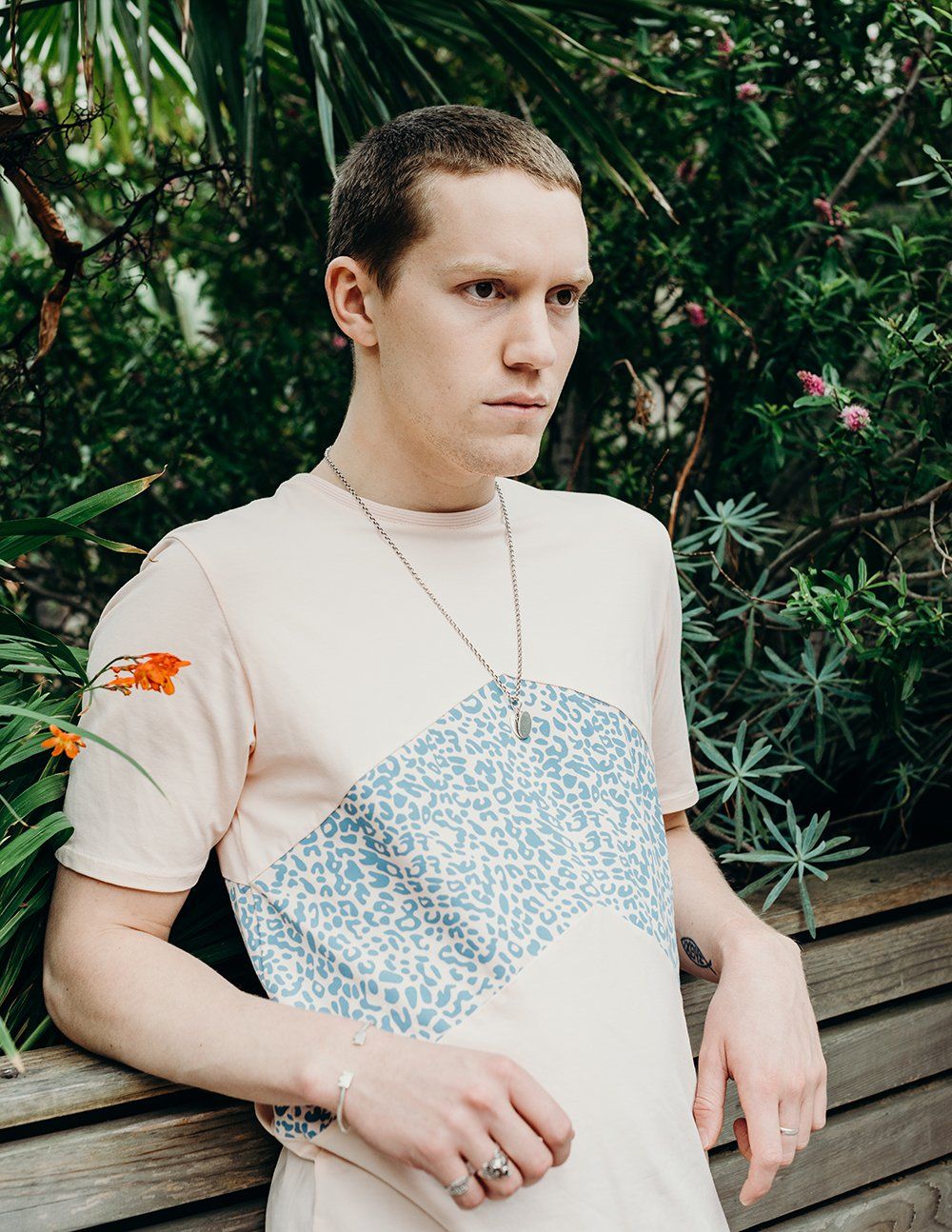 pink panel t shirt with blue printed panel handmade using organic cotton by ethical gender neutral streetwear fashion brand Androgyny UK