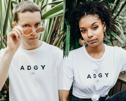 unisex white branded t-shirt handmade using organic cotton by ethical gender neutral streetwear brand Androgyny UK