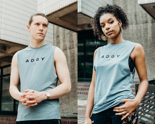 unisex blue printed vest handmade using organic cotton by ethical gender neutral streetwear brand Androgyny UK