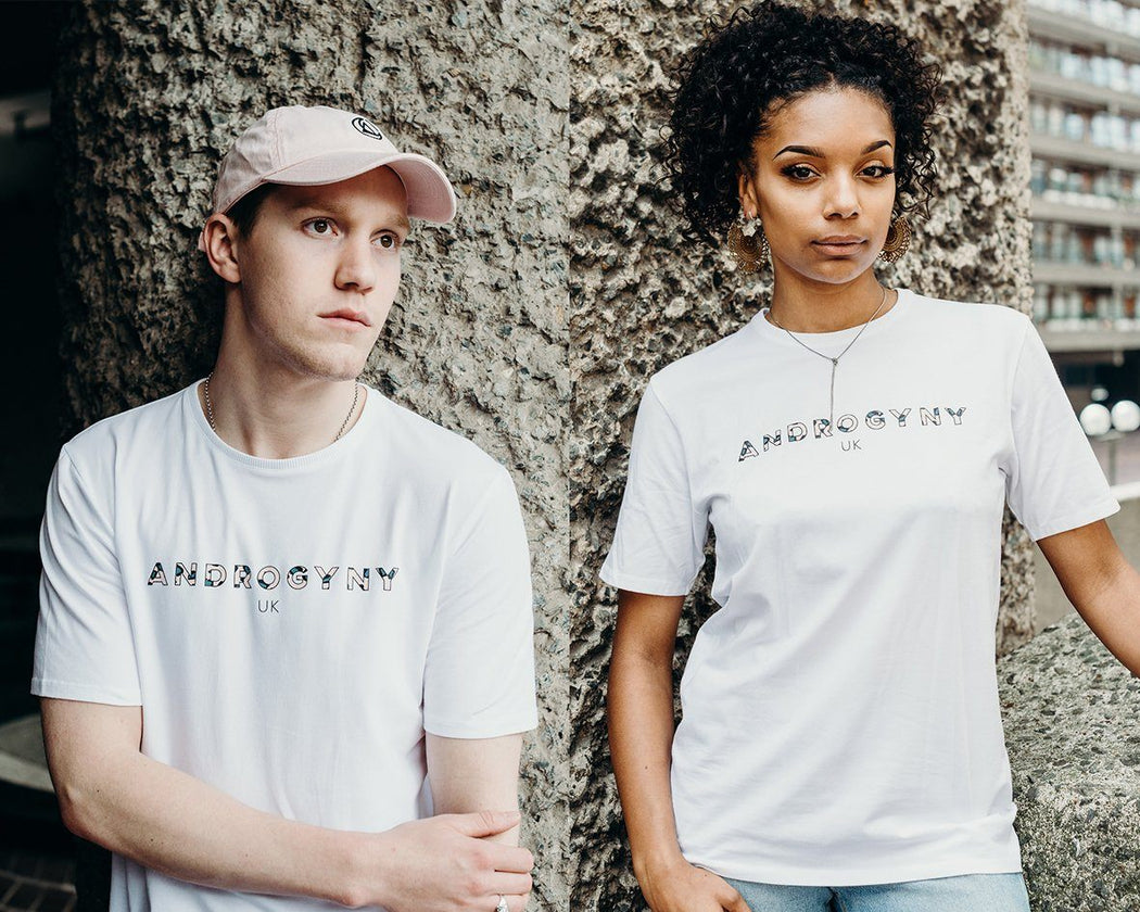 unisex white branded t-shirt handmade using organic cotton by ethical gender neutral streetwear brand Androgyny UK