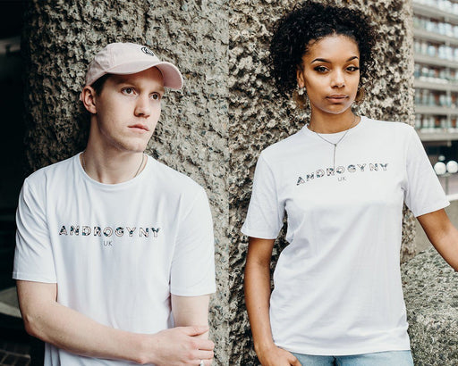 unisex white branded t-shirt handmade using organic cotton by ethical gender neutral streetwear brand Androgyny UK