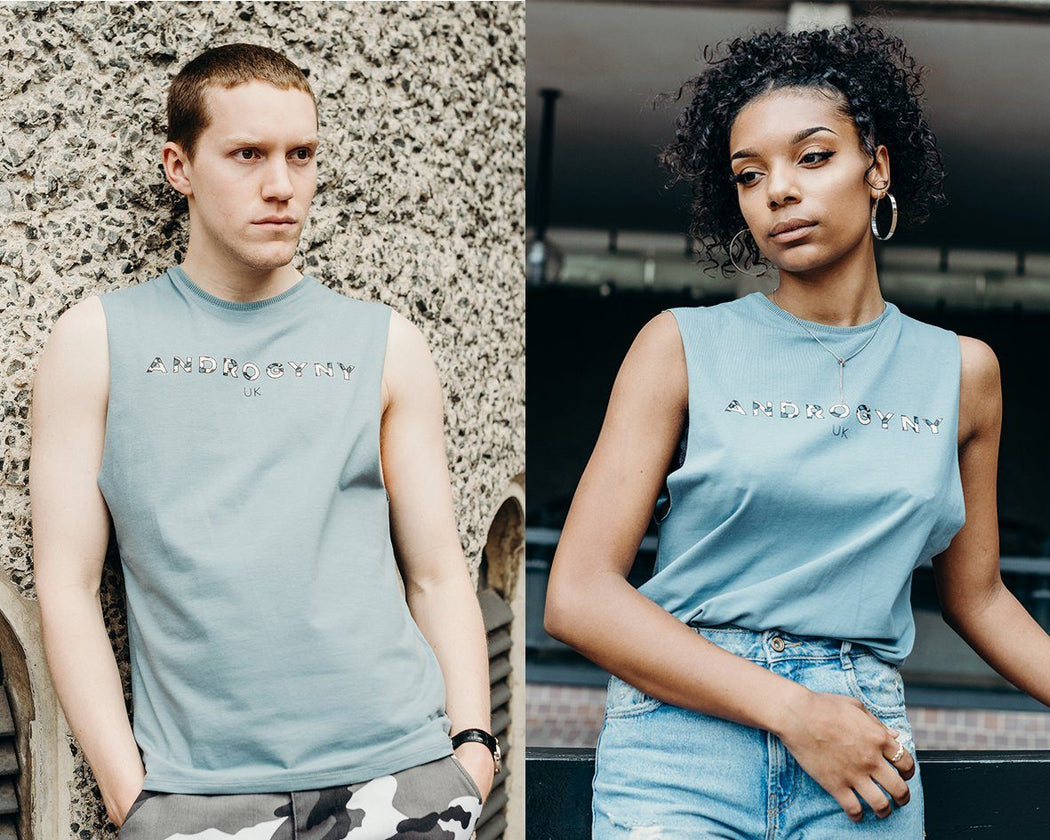 unisex blue printed vest handmade using organic cotton by ethical gender neutral streetwear brand Androgyny UK