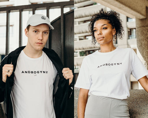 unisex white branded t-shirt handmade using organic cotton by ethical gender neutral streetwear brand Androgyny UK