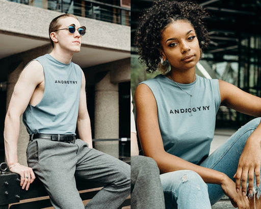 unisex blue printed vest handmade using organic cotton by ethical gender neutral streetwear brand Androgyny UK