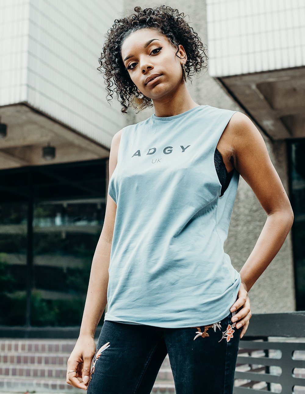 blue printed vest handmade using organic cotton by ethical gender neutral streetwear brand Androgyny UK