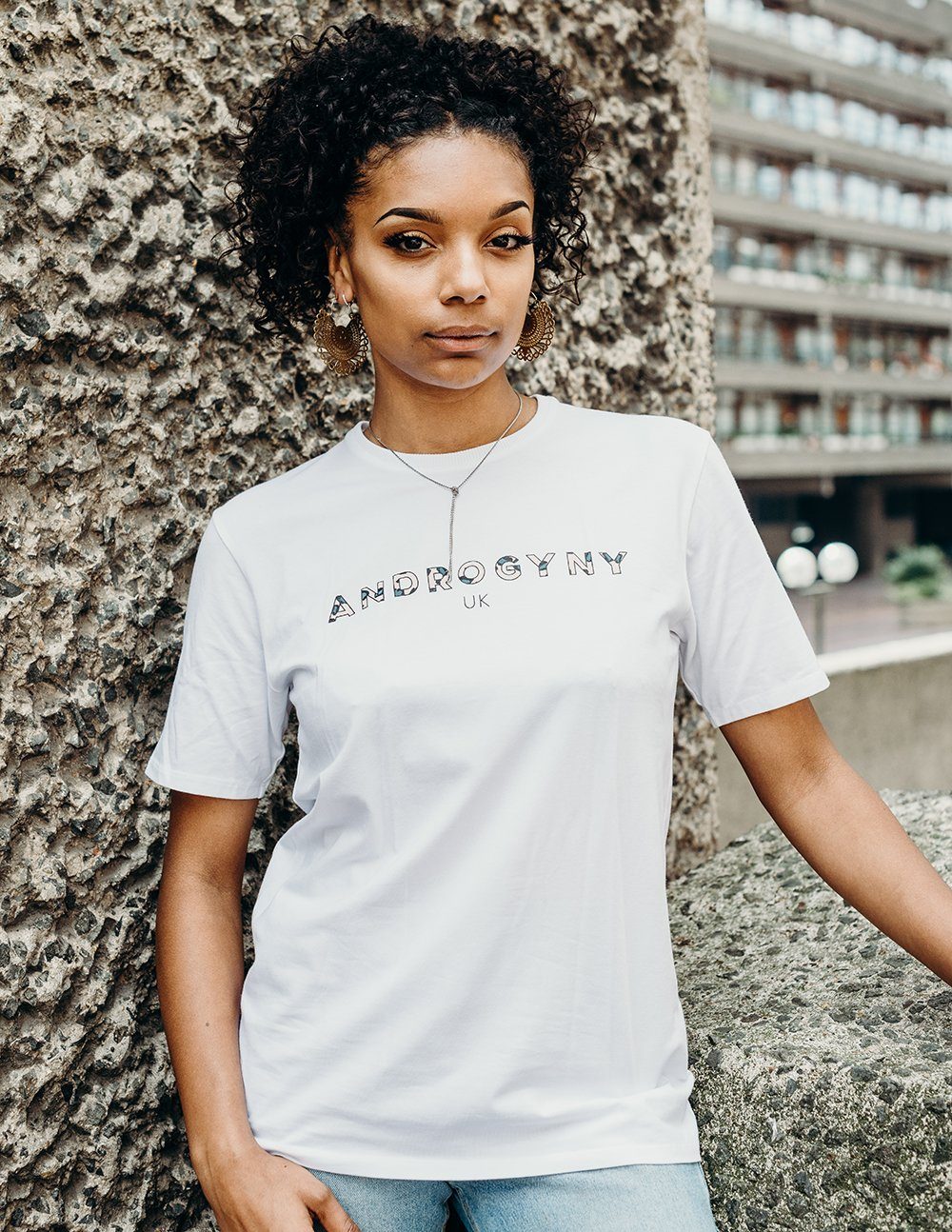 unisex white branded t-shirt handmade using organic cotton by ethical gender neutral streetwear brand Androgyny UK