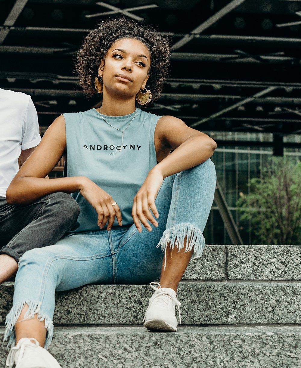 blue printed vest handmade using organic cotton by ethical gender neutral streetwear fashion brand Androgyny UK