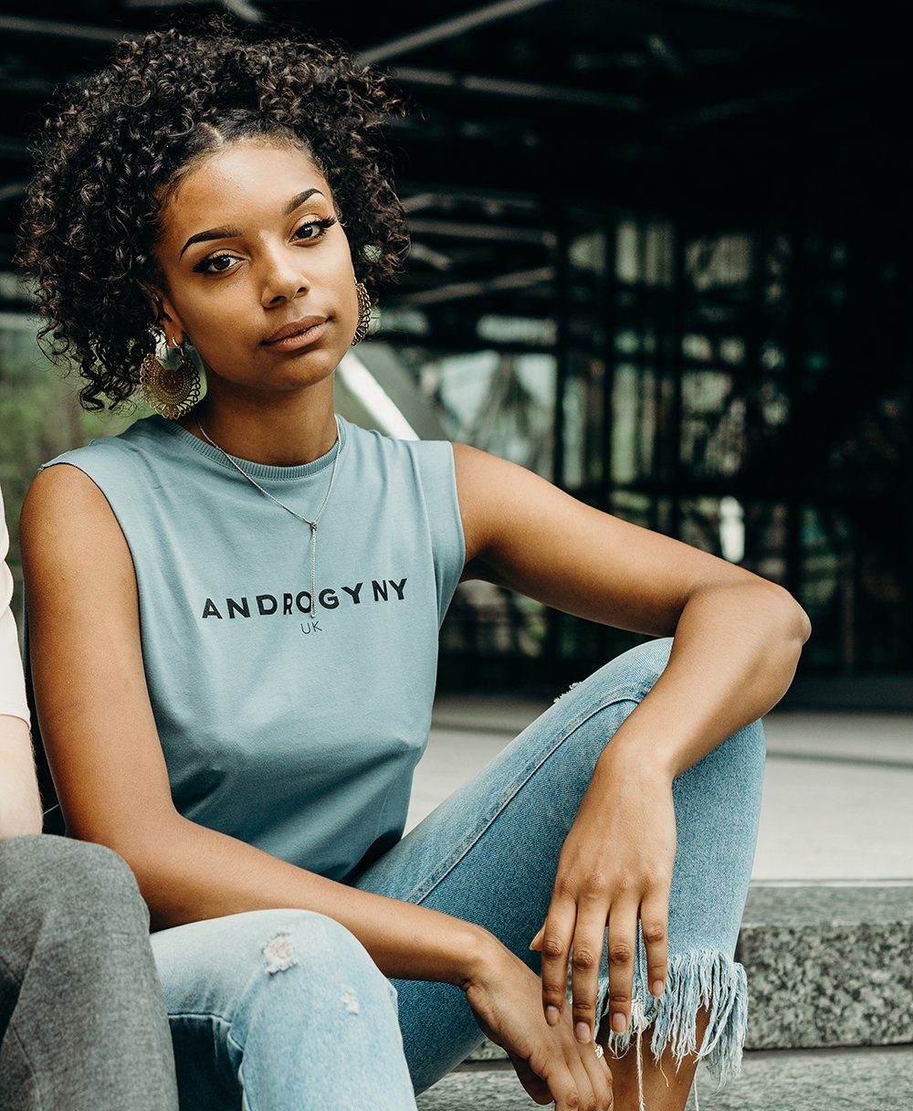 blue printed vest handmade using organic cotton by ethical gender neutral streetwear fashion brand Androgyny UK
