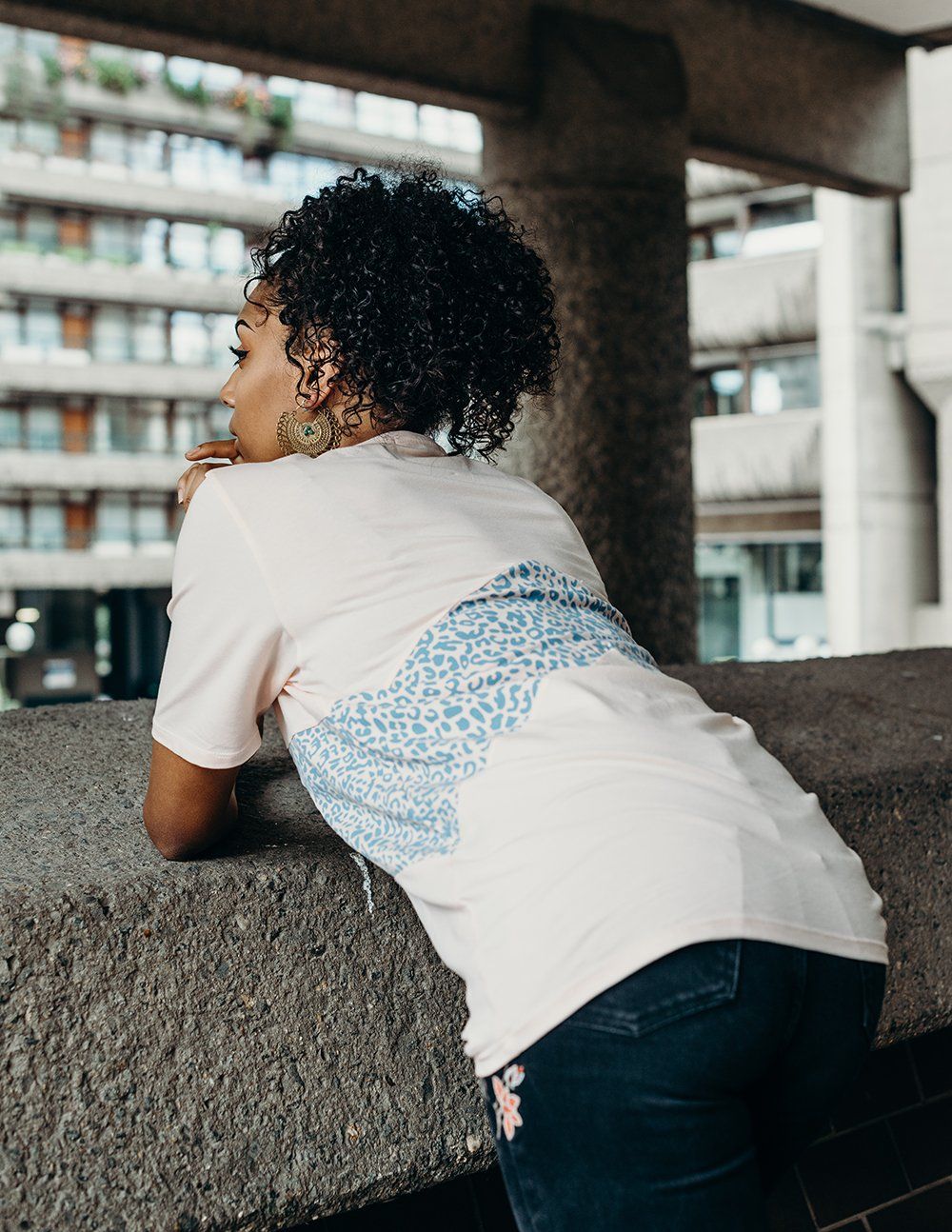 pink panel t shirt with blue printed panel handmade using organic cotton by ethical gender neutral streetwear fashion brand Androgyny UK