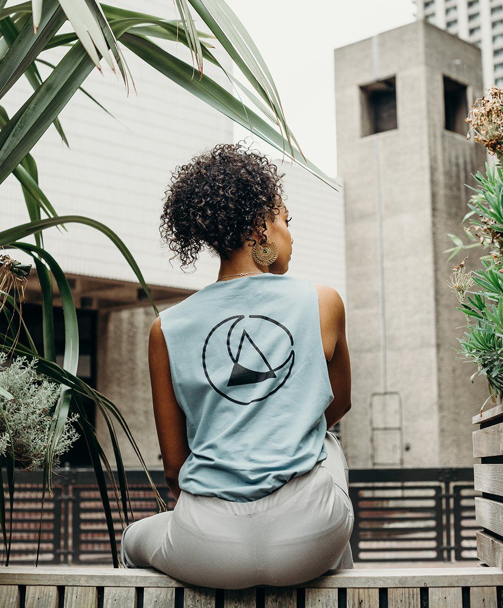 blue printed vest handmade using organic cotton by ethical gender neutral streetwear fashion brand Androgyny UK