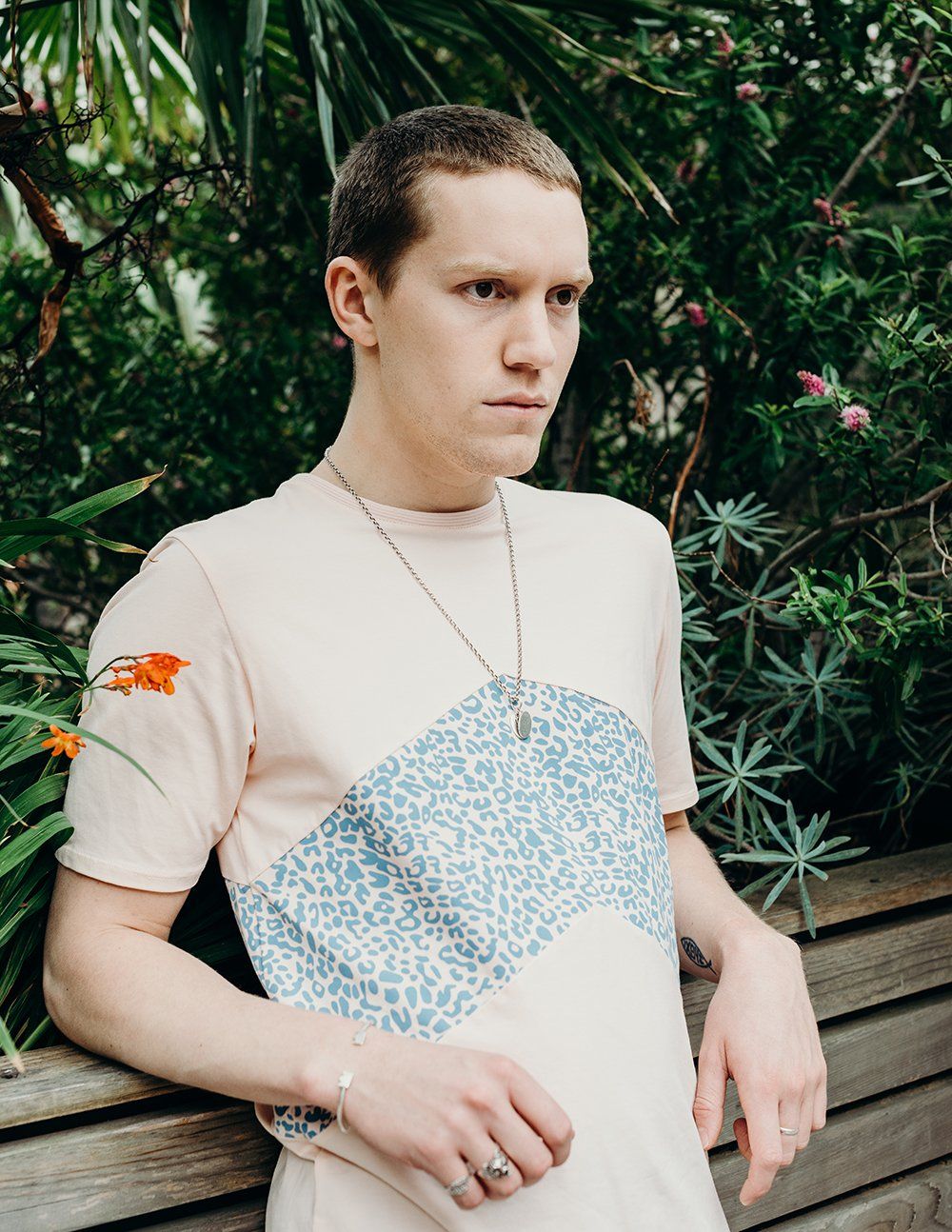 pink panel t shirt with blue printed panel handmade using organic cotton by ethical gender neutral streetwear fashion brand Androgyny UK