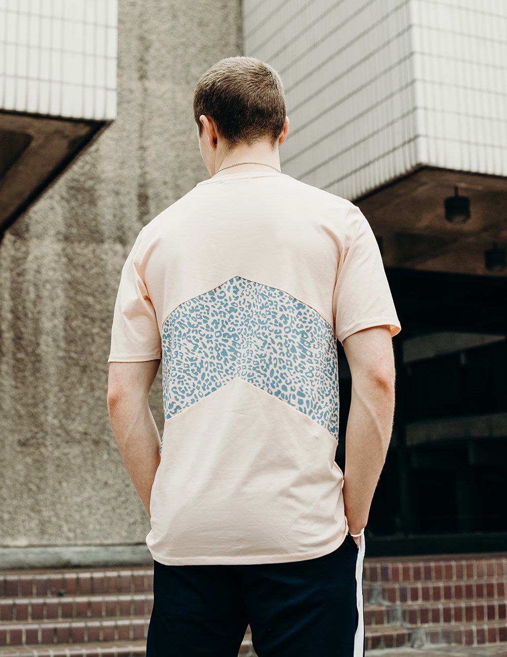 pink panel t shirt with blue printed panel handmade using organic cotton by ethical gender neutral streetwear fashion brand Androgyny UK