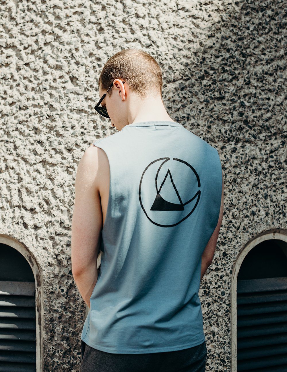 blue printed vest handmade using organic cotton by ethical gender neutral streetwear fashion brand Androgyny UK