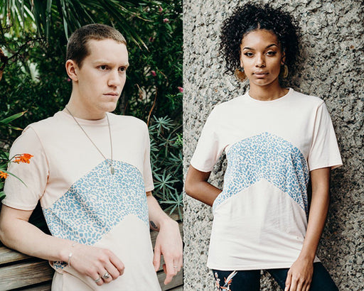 unisex pink panel t shirt with blue printed panel handmade using organic cotton by ethical gender neutral streetwear fashion brand Androgyny UK