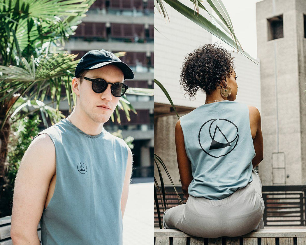 unisex blue printed vest handmade using organic cotton by ethical gender neutral streetwear brand Androgyny UK